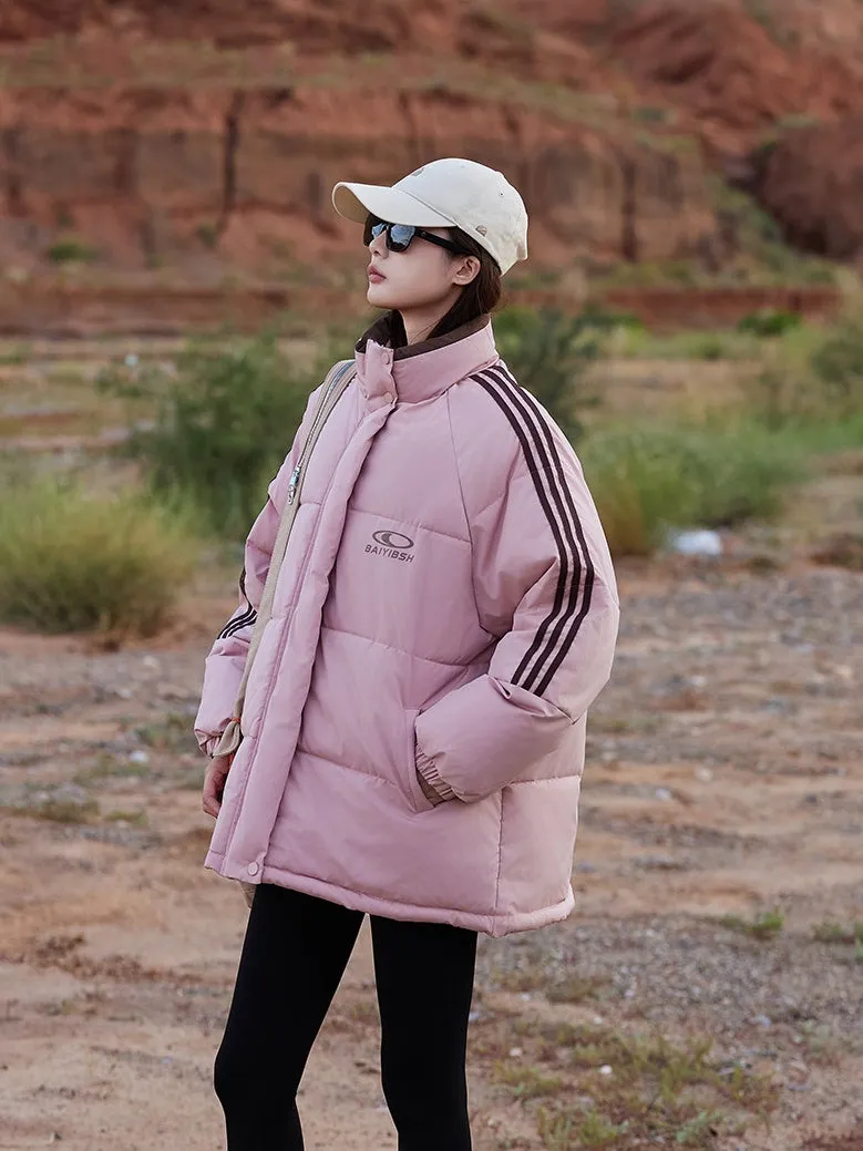 Women's Thickened Windproof Puffer Jacket in Stylish Stripes