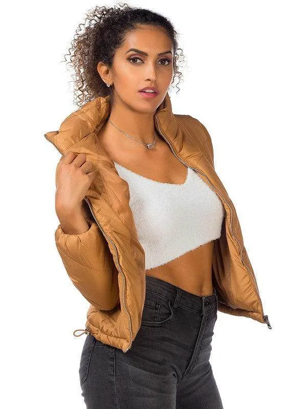 Womens Waist Length Puffer Jackets Stand Collar
