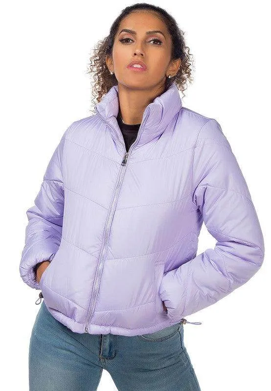 Womens Waist Length Puffer Jackets Stand Collar