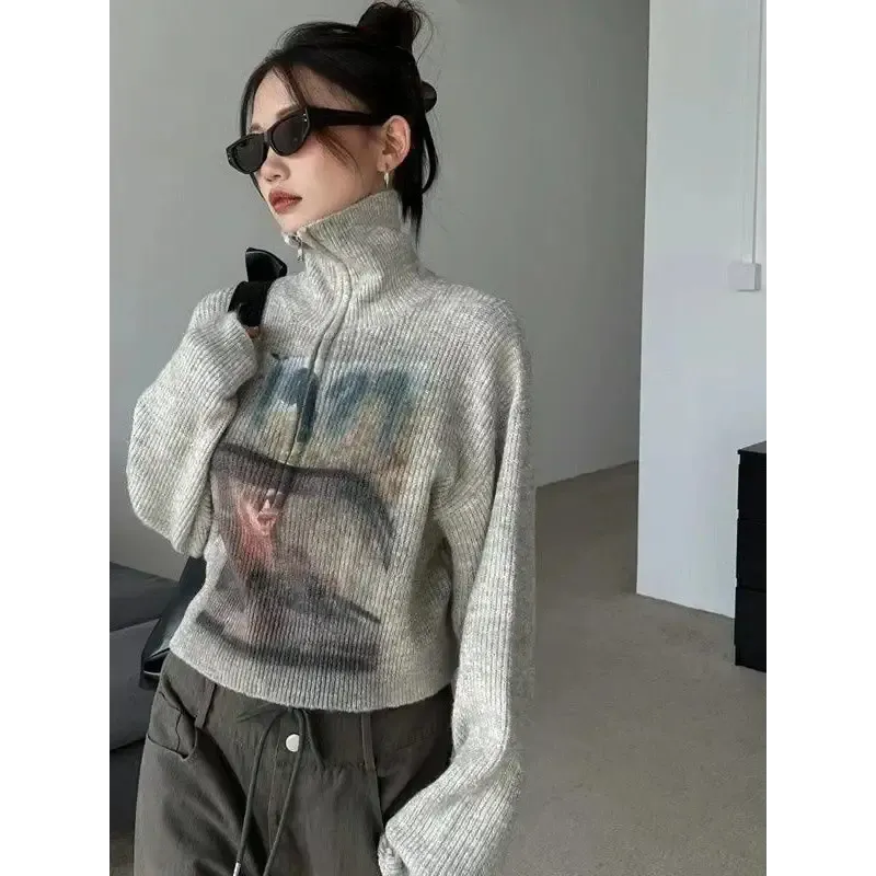 Y2K-Inspired Knitted Sweater with Turtle Neck and Drop Shoulder Design