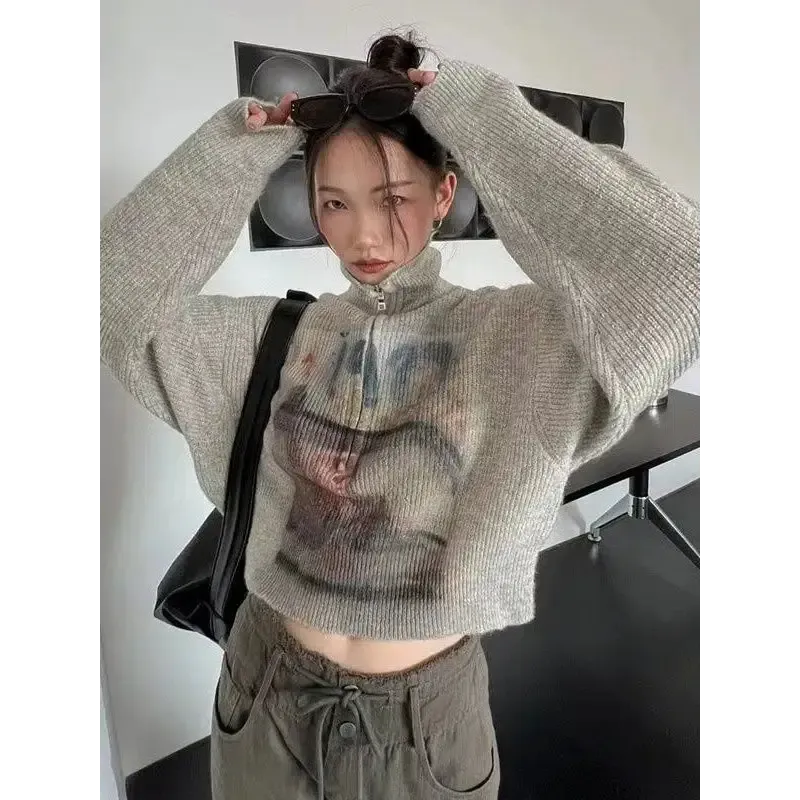 Y2K-Inspired Knitted Sweater with Turtle Neck and Drop Shoulder Design