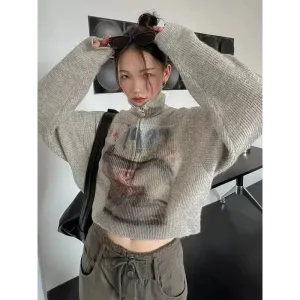 Y2K-Inspired Knitted Sweater with Turtle Neck and Drop Shoulder Design