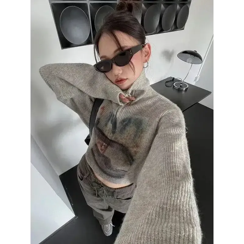 Y2K-Inspired Knitted Sweater with Turtle Neck and Drop Shoulder Design