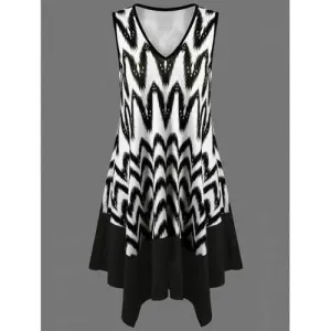 Zigzag Asymmetrical Casual Tank Dress Fashion - White And Black L