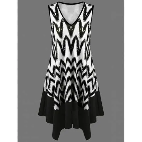 Zigzag Asymmetrical Casual Tank Dress Fashion - White And Black L